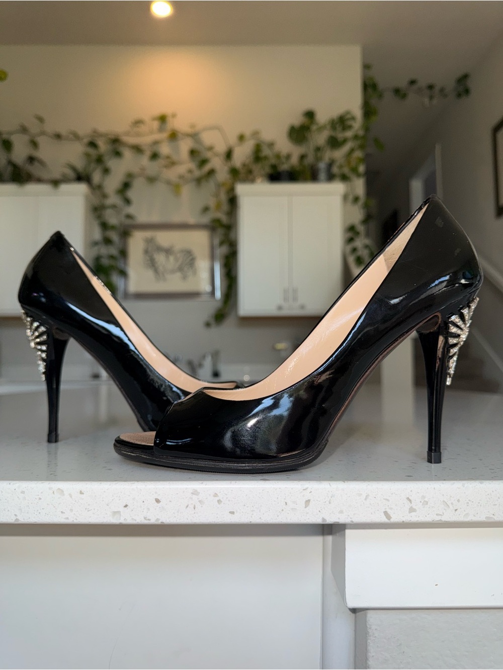 Giuseppe Zanotti Black Patent Peep-Toe Heels with Swarovski Crystals Heel Detail